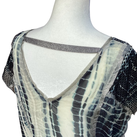 Burning Torch Upcycled Silk Blouse in Tie Dye Indigo on light Gray mesh detail - Picture 4 of 16